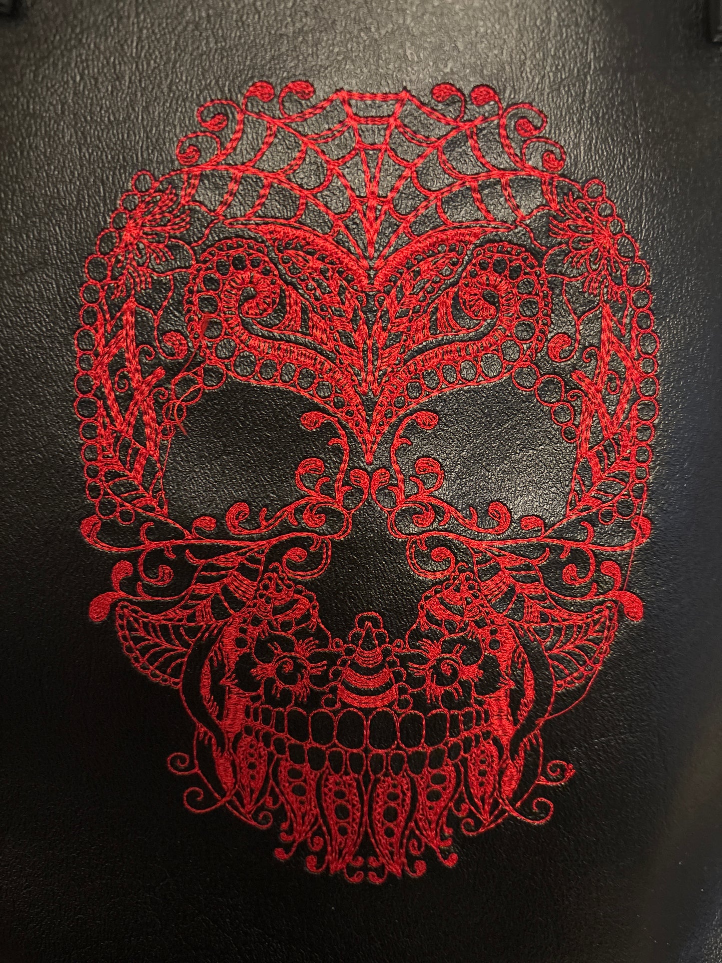 Red Embroidered Skull Vinyl Tote
